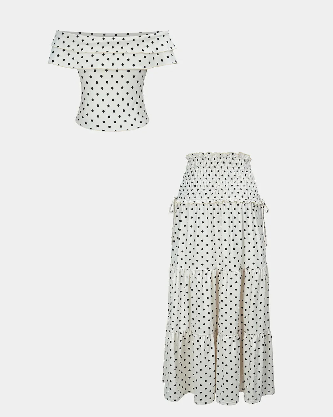 Polka Dots Print Ruched Off Shoulder Top And Tie-Up Skirt Set