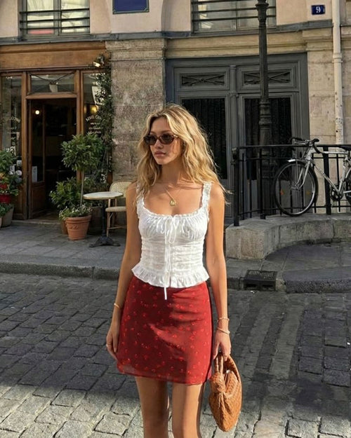 Cherry Graphic Mid Rise A-line Midi Skirt