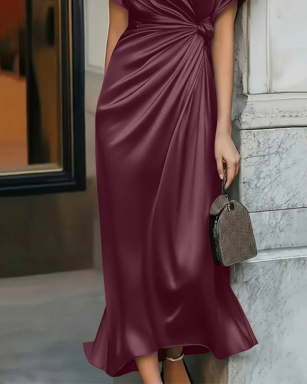 V-Neck Flared Hem Short Sleeve Frilled Waist Midi Satin Dress in Maroon
