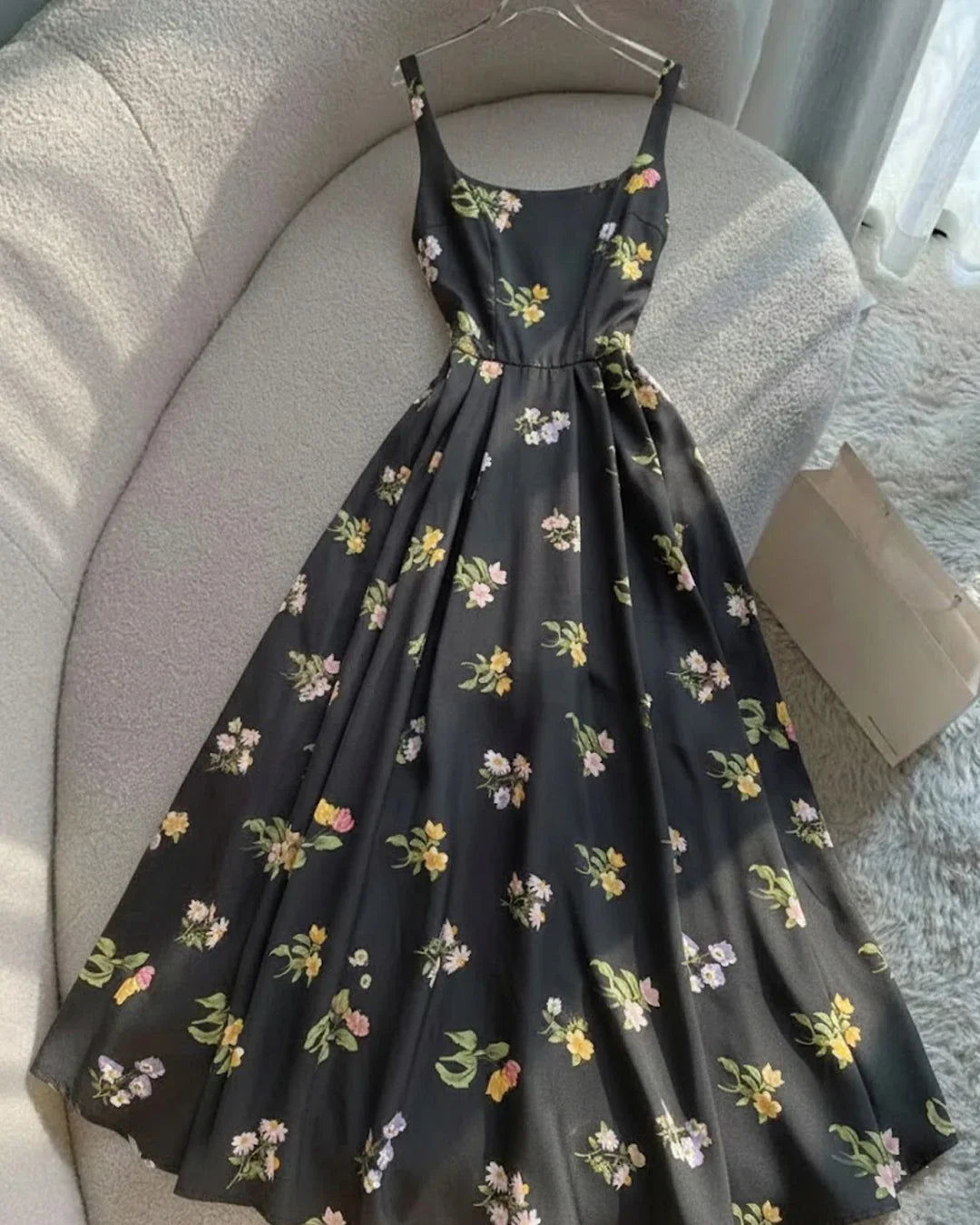 Vintage-Inspired Floral Fit and Flare Midi Dress in Black