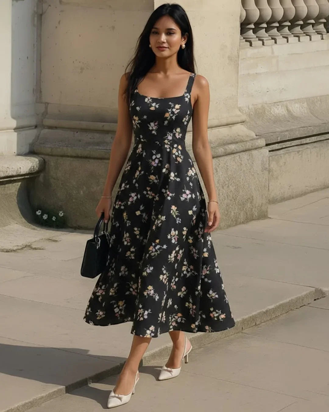 Vintage-Inspired Floral Fit and Flare Midi Dress in Black