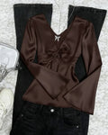 Satin V-Neck Flare Sleeve Top in Coffee