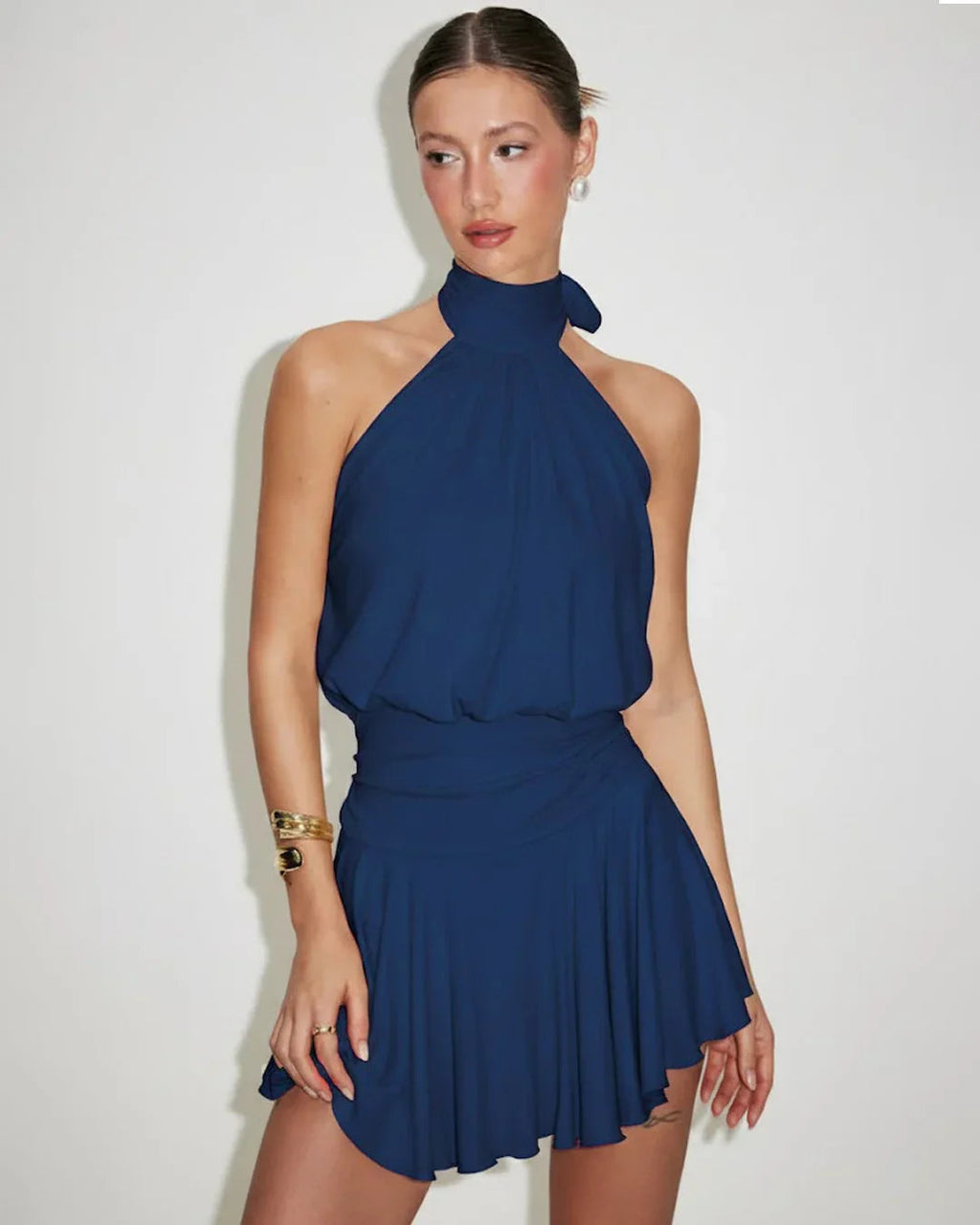 Stand Collar Sleeveless A-Line Mini Dress in Blue