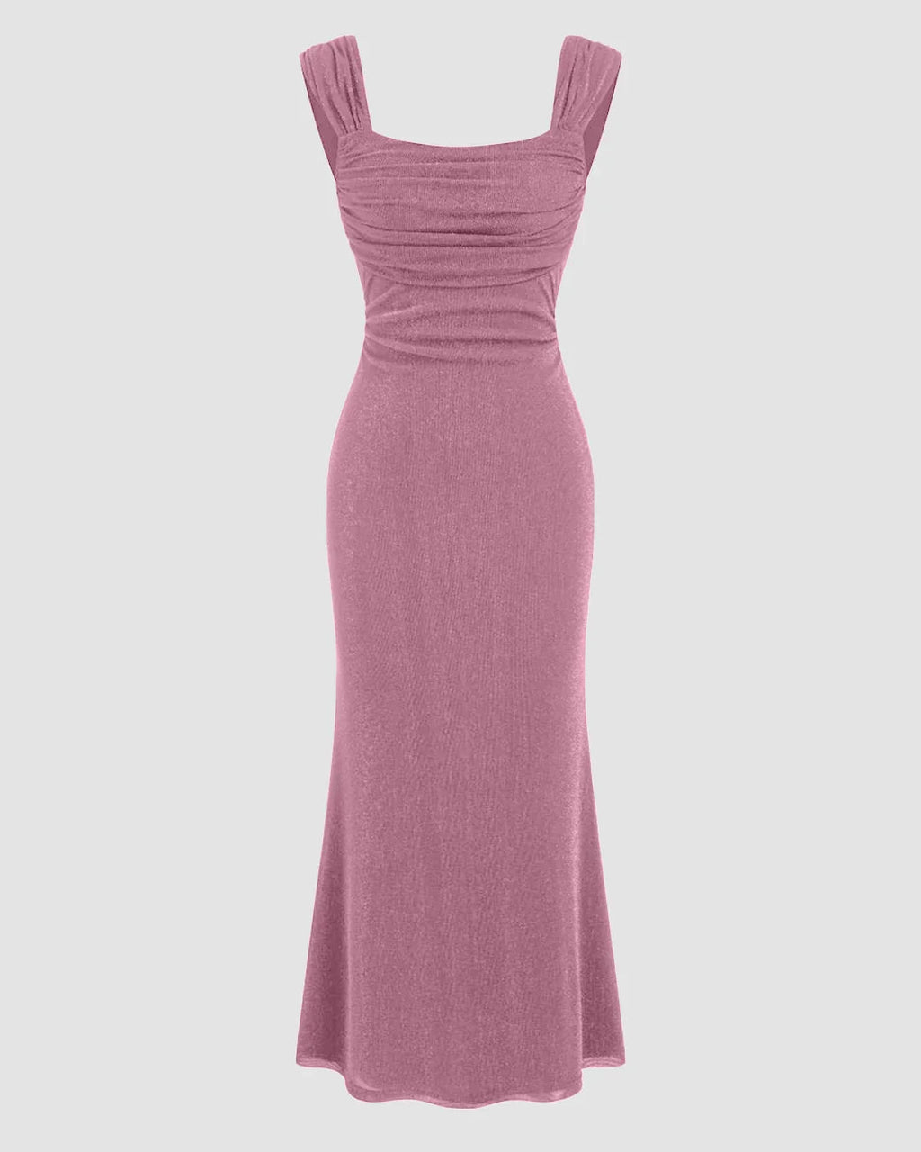 Square Neck Ruched Shimmer Mermaid Maxi Dress in Pink