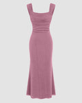 Square Neck Ruched Shimmer Mermaid Maxi Dress in Pink