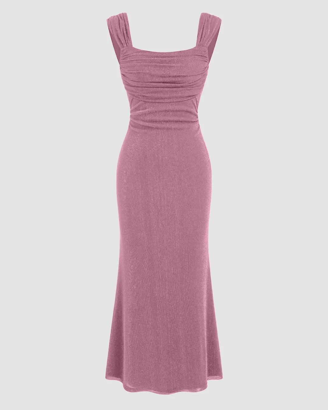 Square Neck Ruched Shimmer Mermaid Maxi Dress in Pink