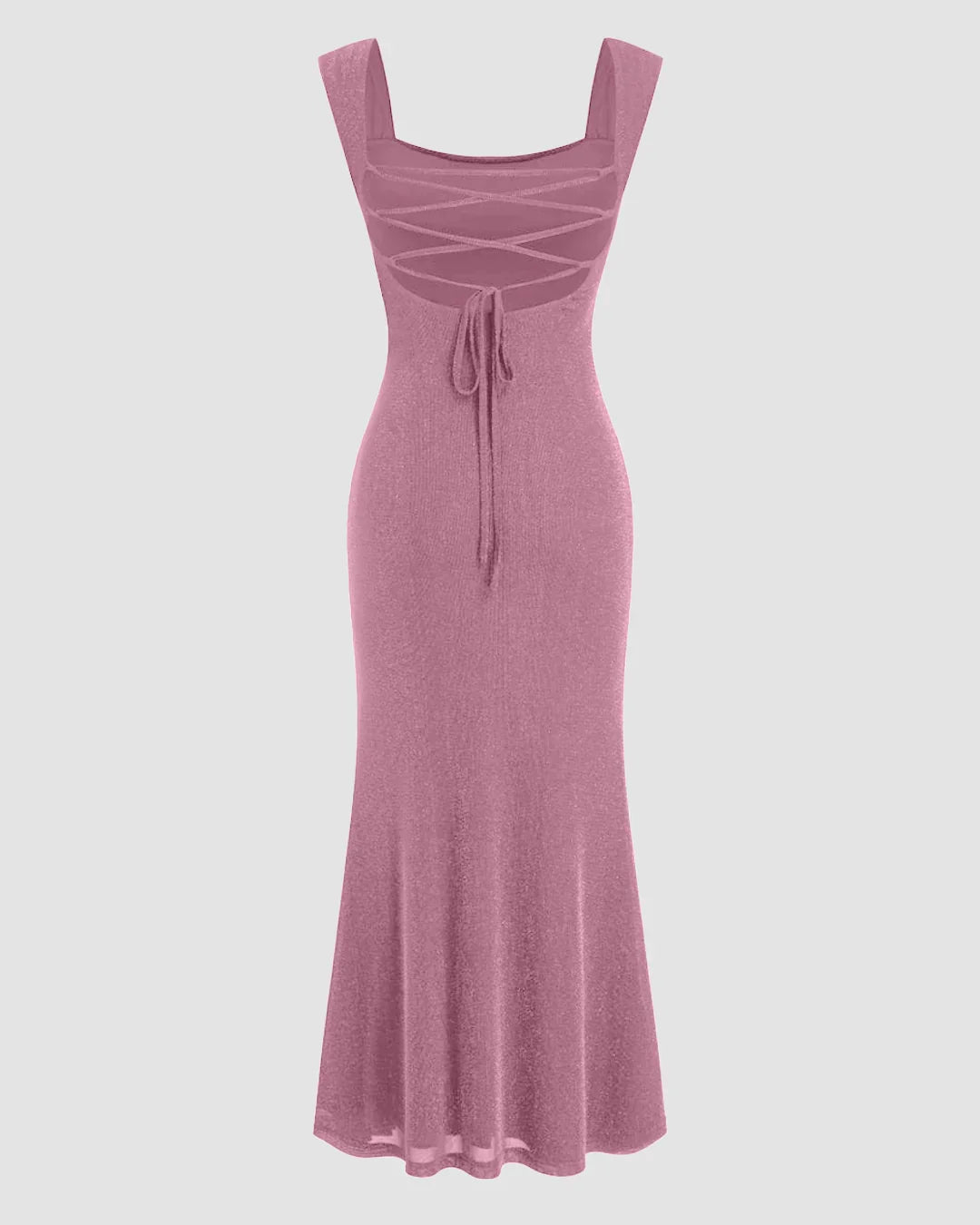 Square Neck Ruched Shimmer Mermaid Maxi Dress in Pink