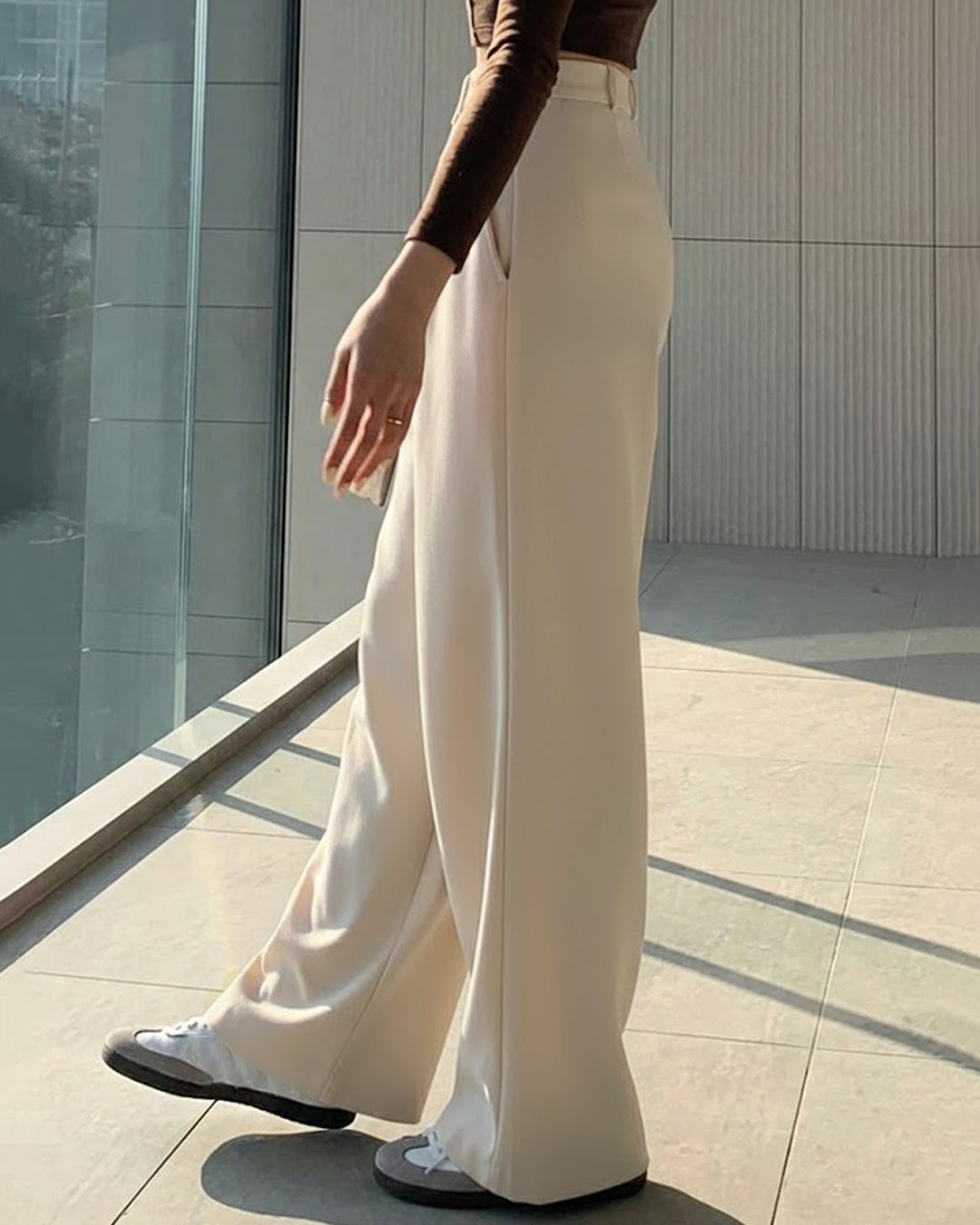 Solid Color Tie-Up Long Casual Pants in Beige