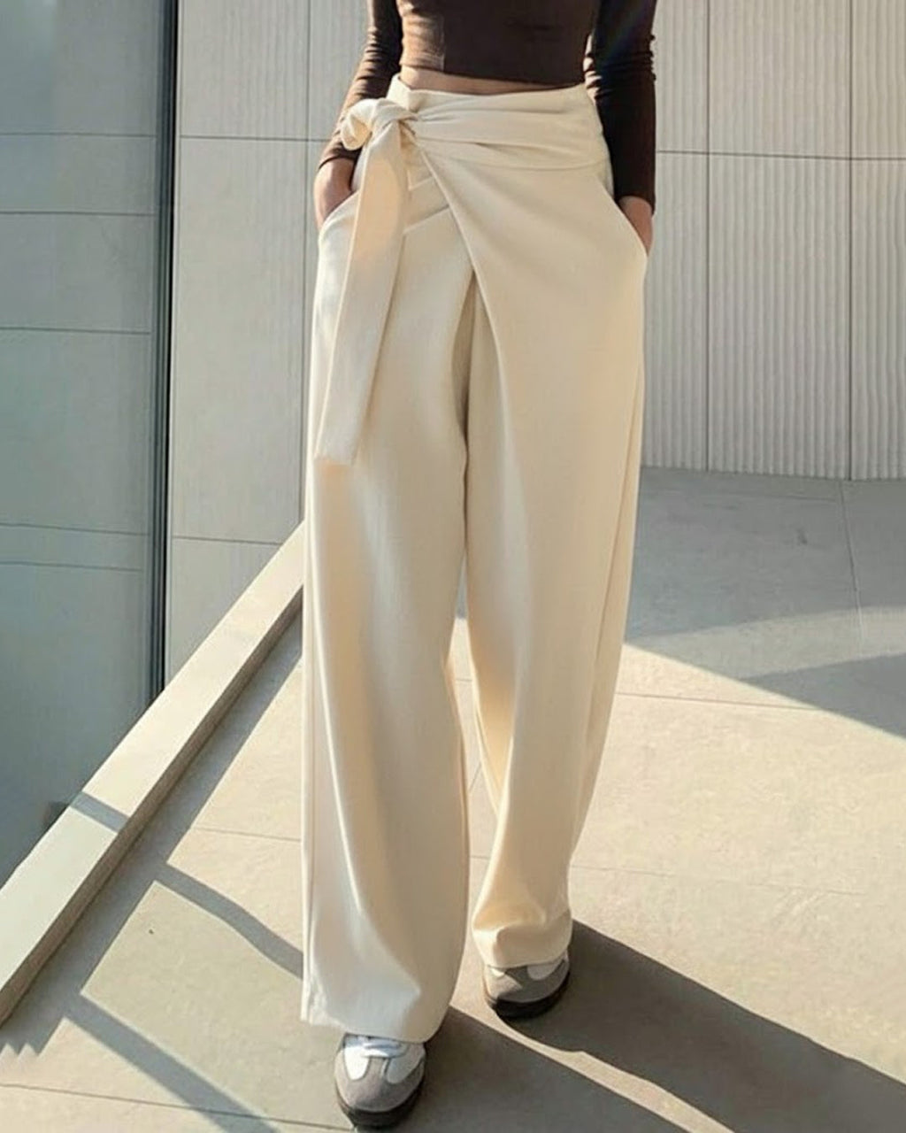 Solid Color Tie-Up Long Casual Pants in Beige