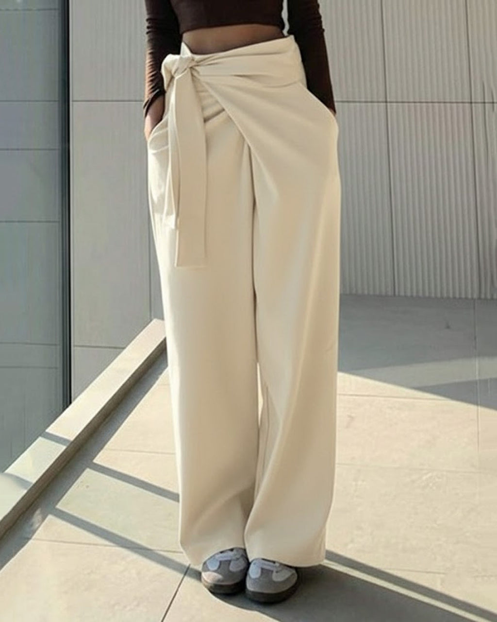 Solid Color Tie-Up Long Casual Pants in Beige