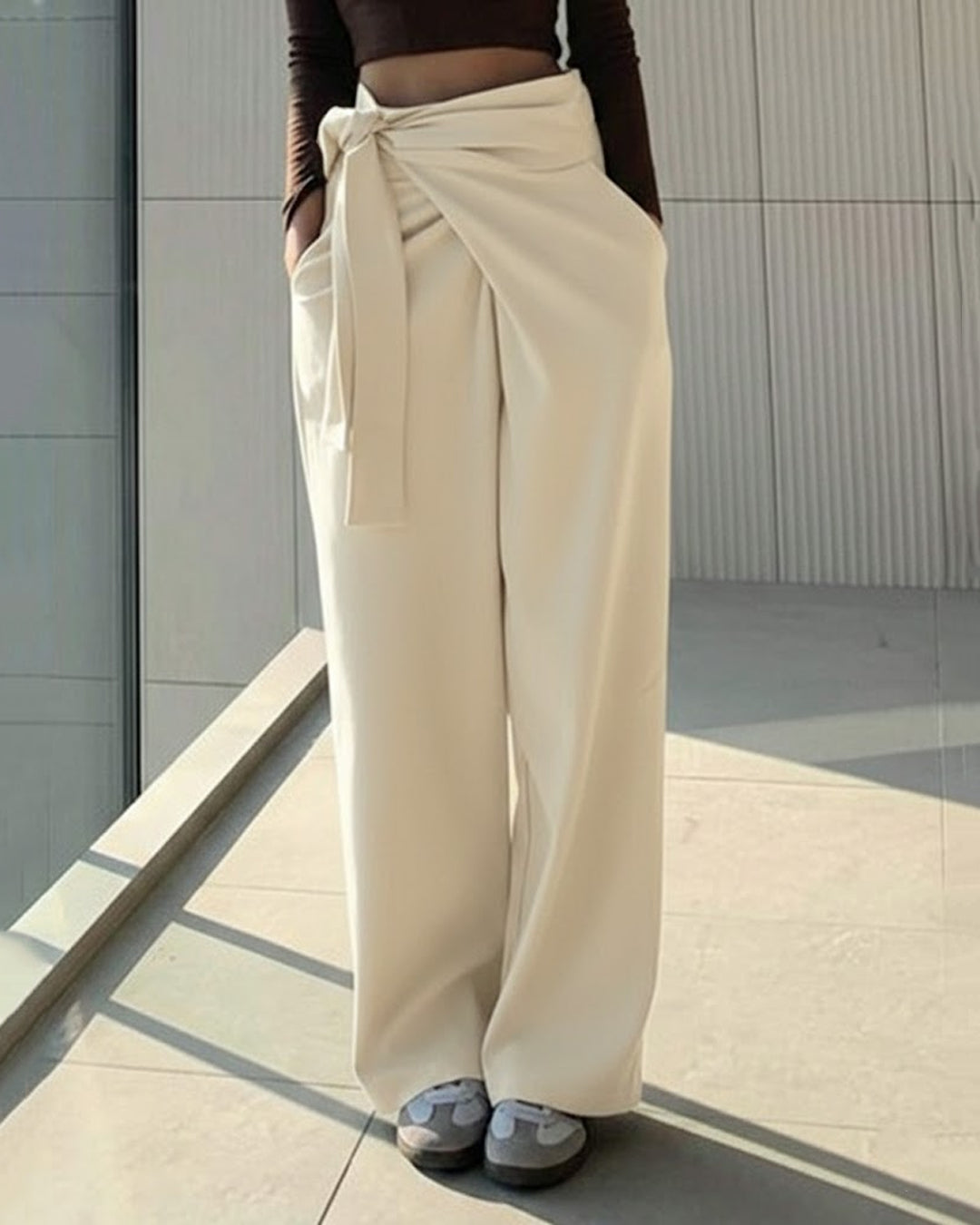 Solid Color Tie-Up Long Casual Pants in Beige