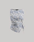Boat Neck Asymmetrical Hem Floral Sleeveless Top in Blue