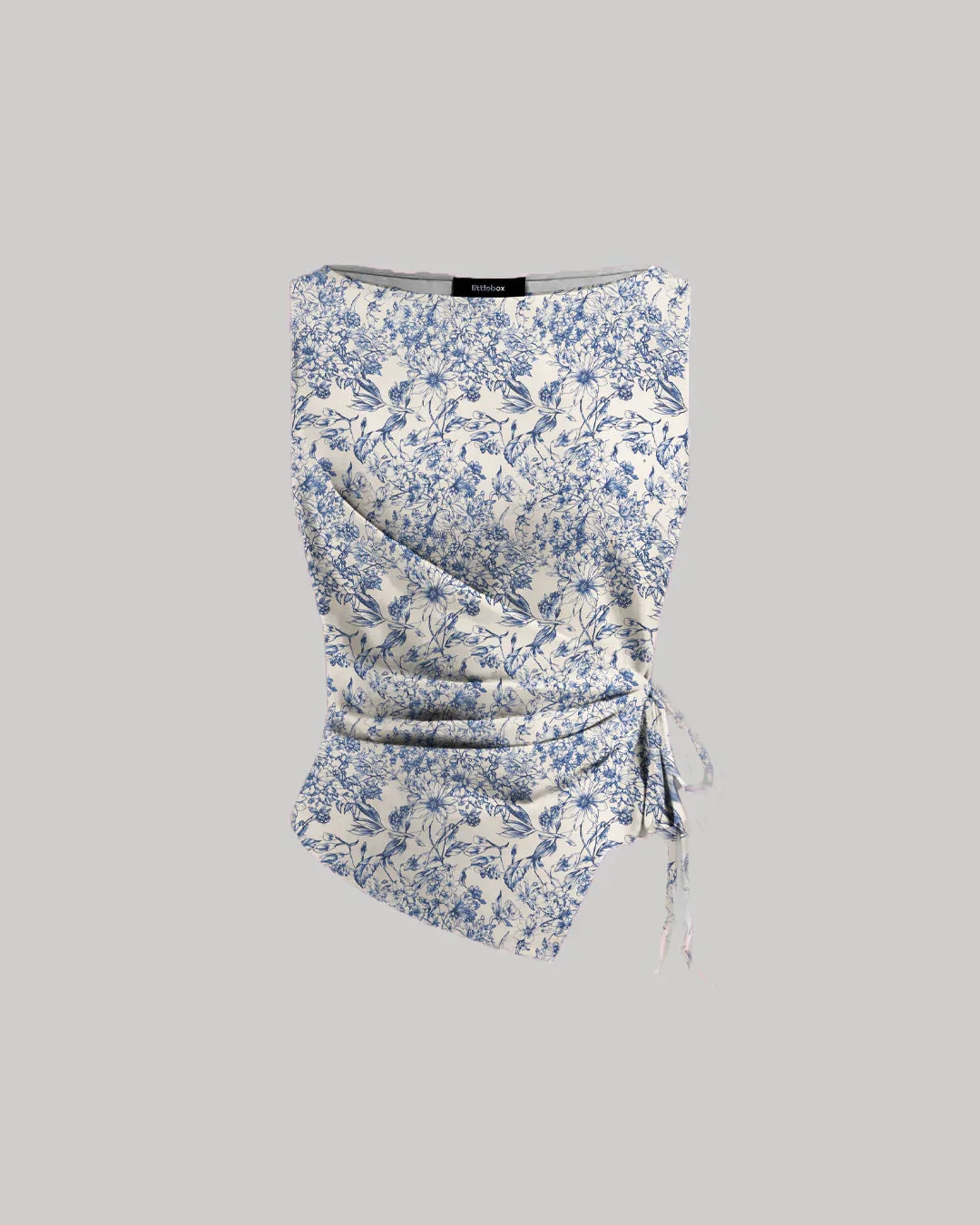 Boat Neck Asymmetrical Hem Floral Sleeveless Top in Blue