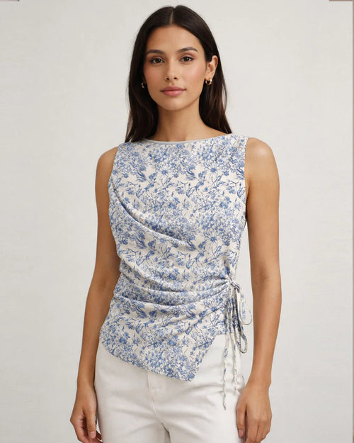 Boat Neck Asymmetrical Hem Floral Sleeveless Top in Blue