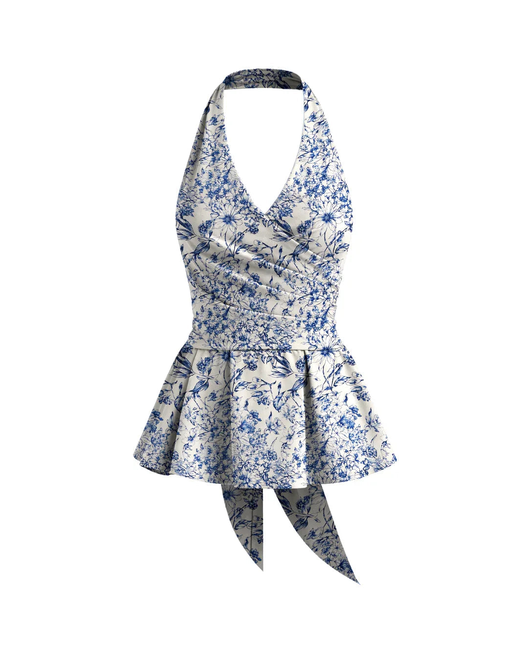 Halter Neckline Stripe Bowknot Ruffle Hem Floral Top