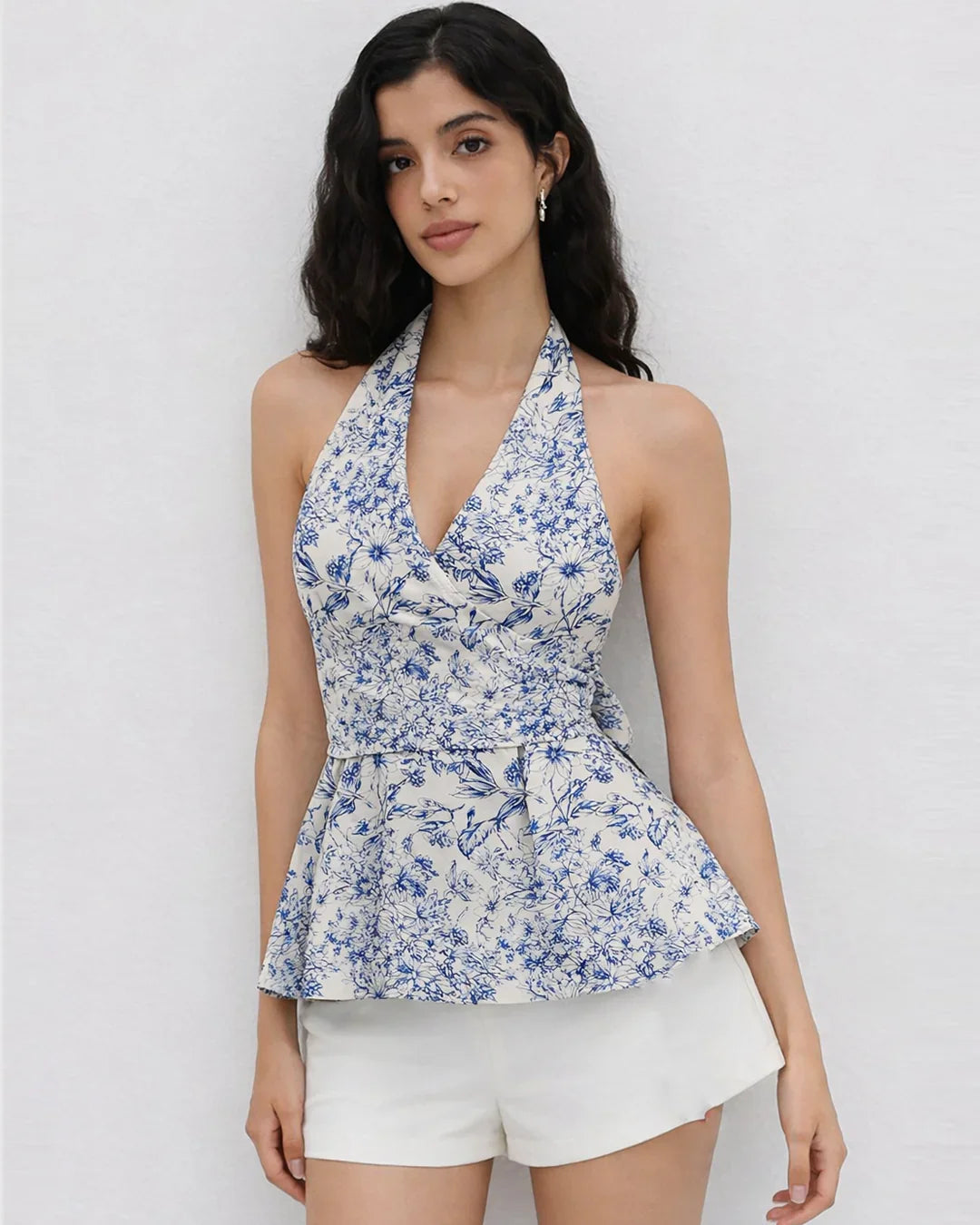 Halter Neckline Stripe Bowknot Ruffle Hem Floral Top