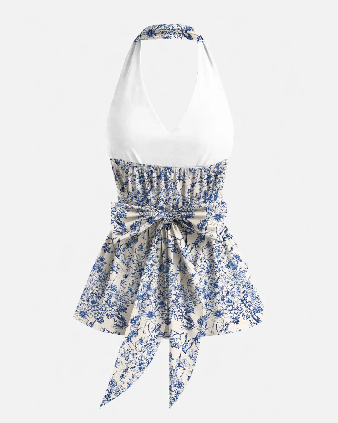 Halter Neckline Stripe Bowknot Ruffle Hem Floral Top