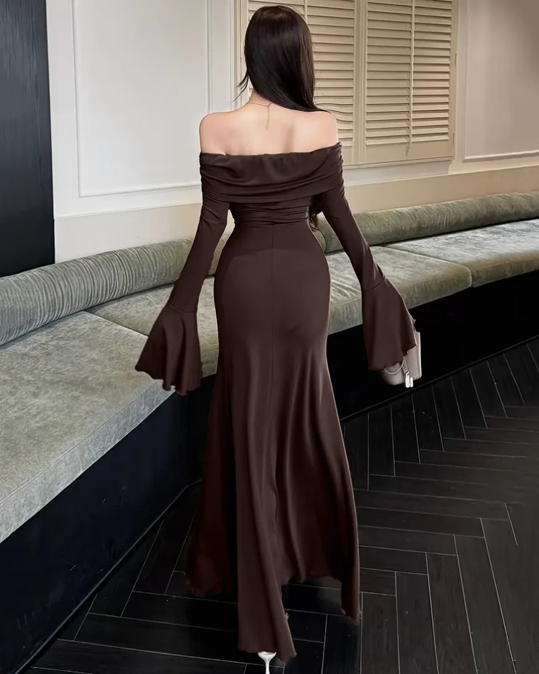 Off-Shoulder Slim Fit Mermaid Hem Solid Trumpet Sleeve Maxi Dress in Coffee