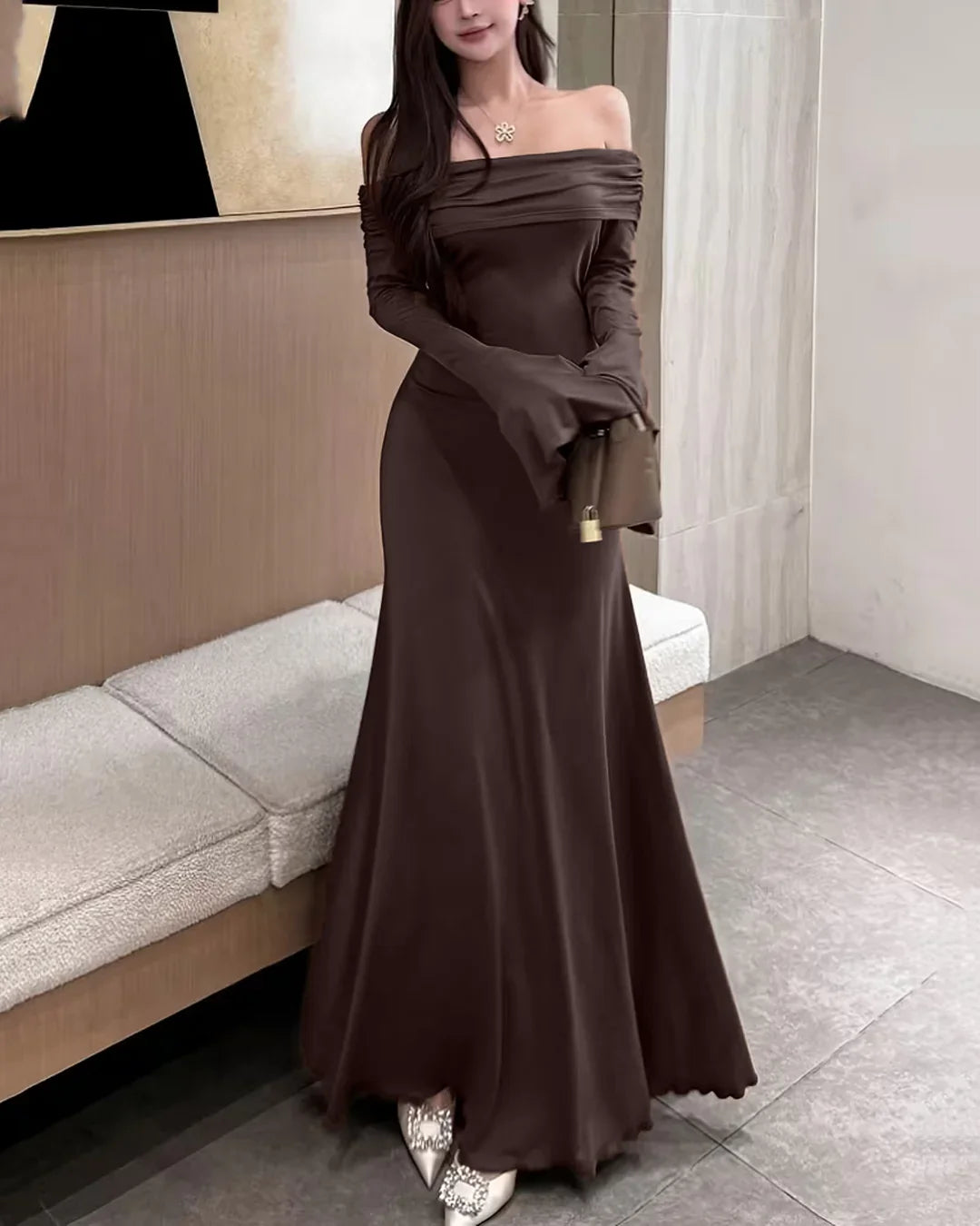 Off-Shoulder Slim Fit Mermaid Hem Solid Trumpet Sleeve Maxi Dress in Coffee