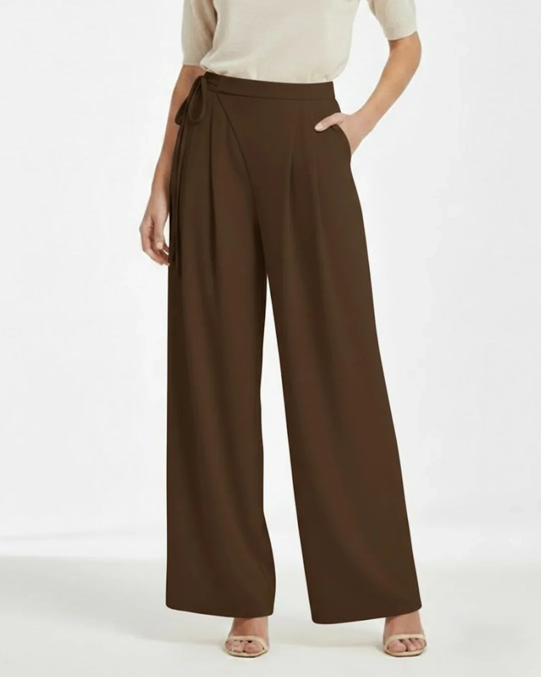 Mid Rise Drawstring Straight Leg Trousers in Coco Brown