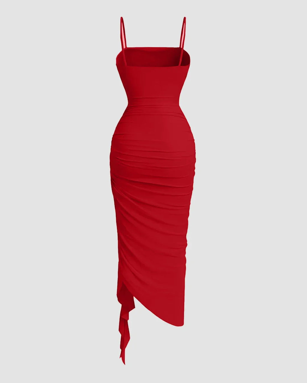 Straight Neck Slim Fit Asymmetrical Hem Pleated Sleeveless Midi Dress in Dark Red