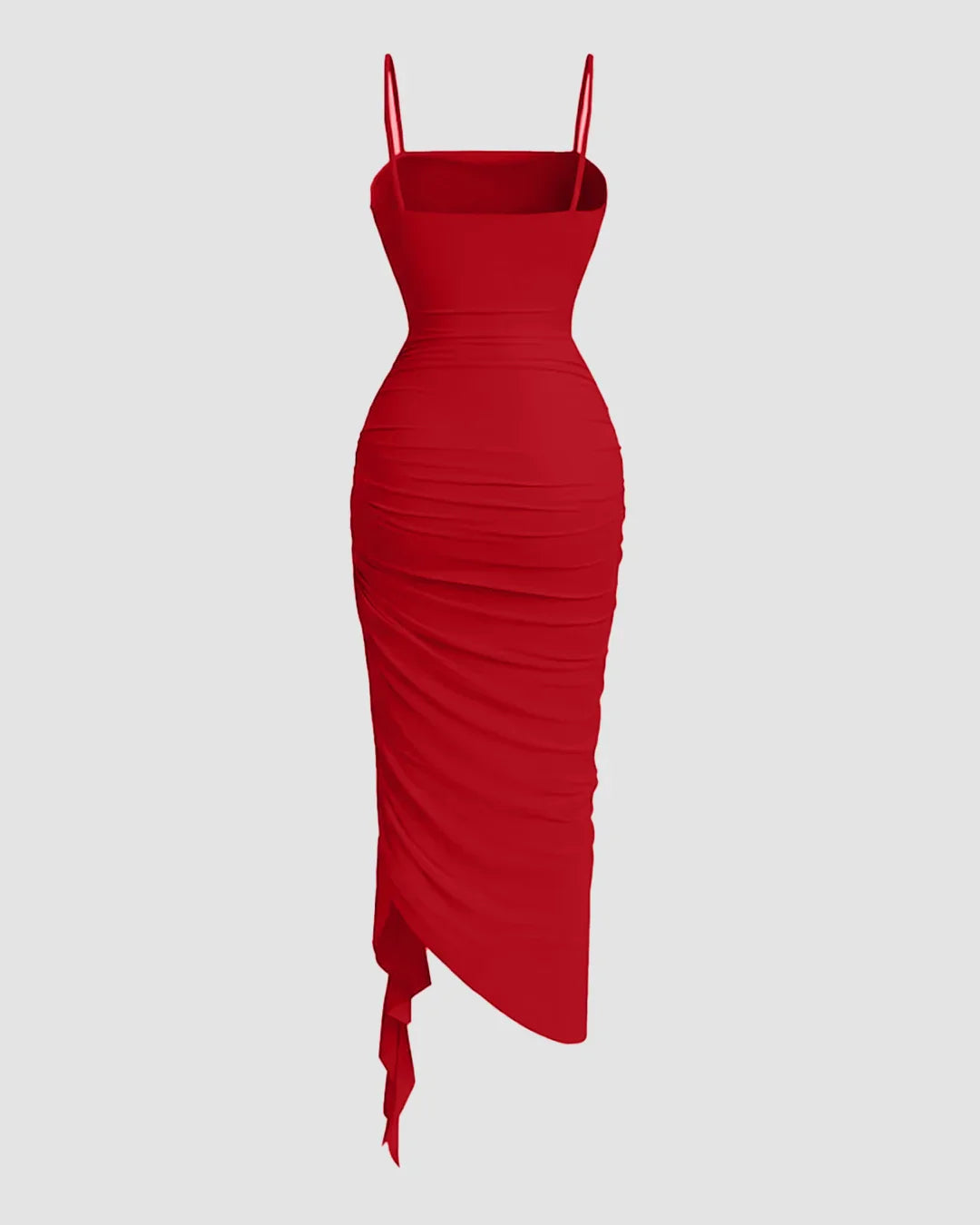 Straight Neck Slim Fit Asymmetrical Hem Pleated Sleeveless Midi Dress in Dark Red