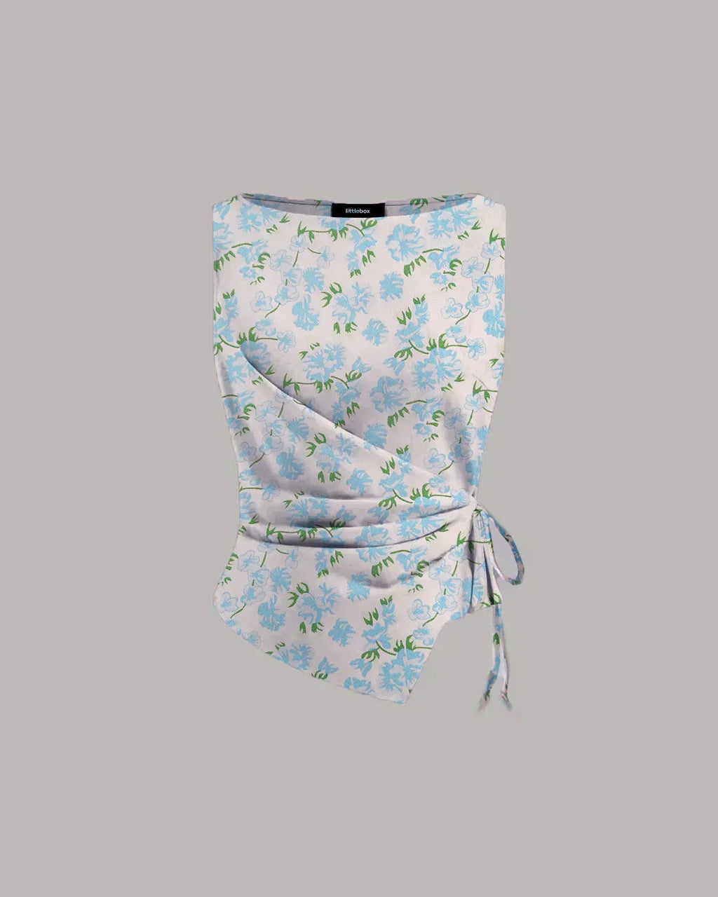 Boat Neck Asymmetrical Hem Floral Sleeveless Top in White and Blue