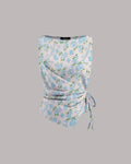 Boat Neck Asymmetrical Hem Floral Sleeveless Top in White and Blue