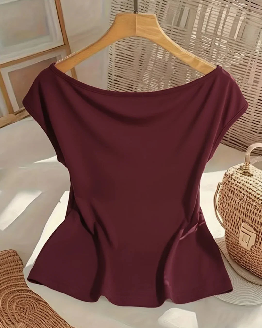 Off-the-Shoulder Sweet Bow Neckline Short Sleeve Top in Maroon