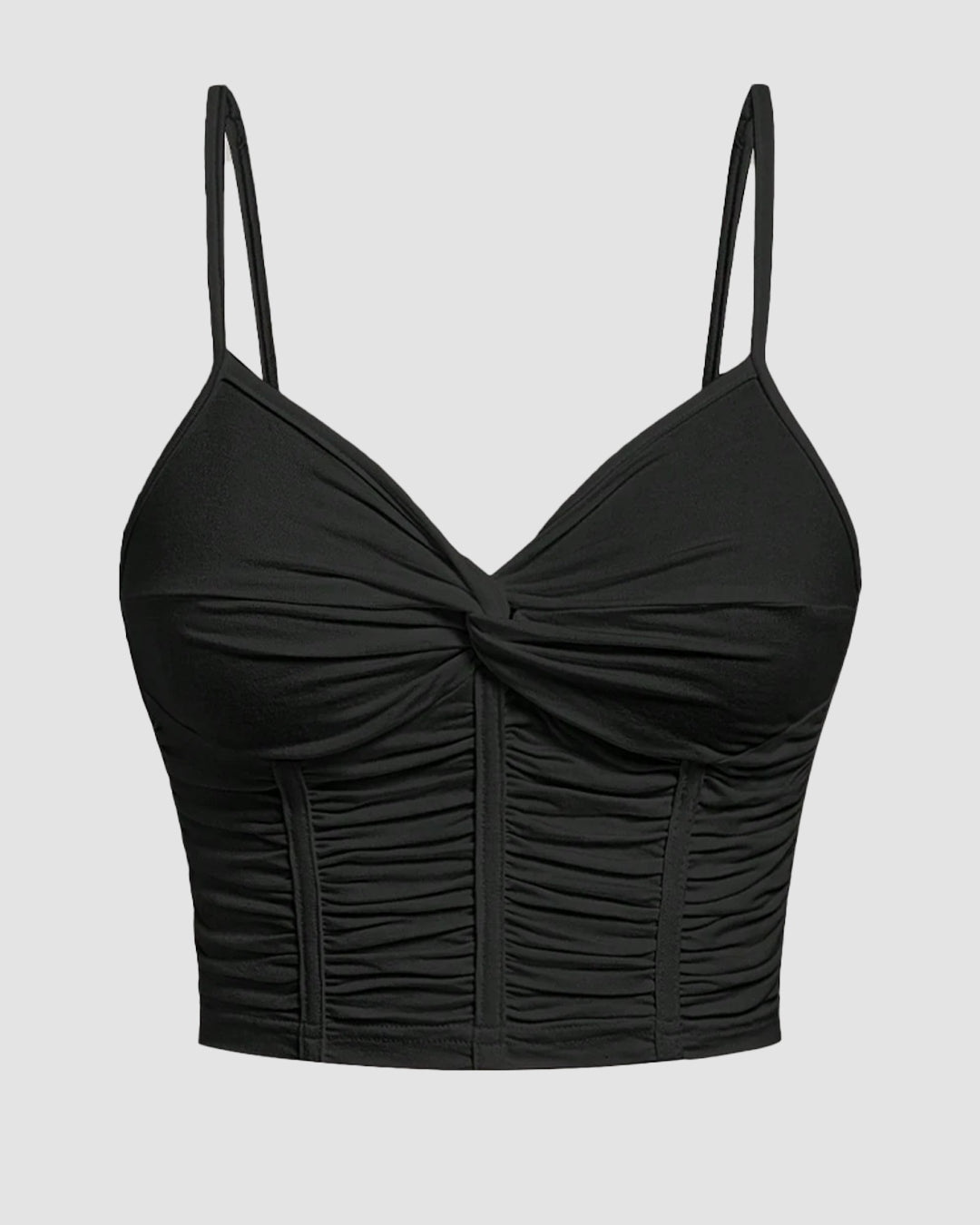 V Neck Twist Front Ruched Cami Top in Black