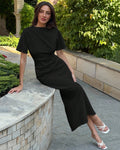 High Neck Slim Fit Solid Short Sleeve Midi Dress in Black