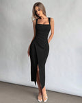 Square Neck Ruched Waist Split Hem Dress in Black