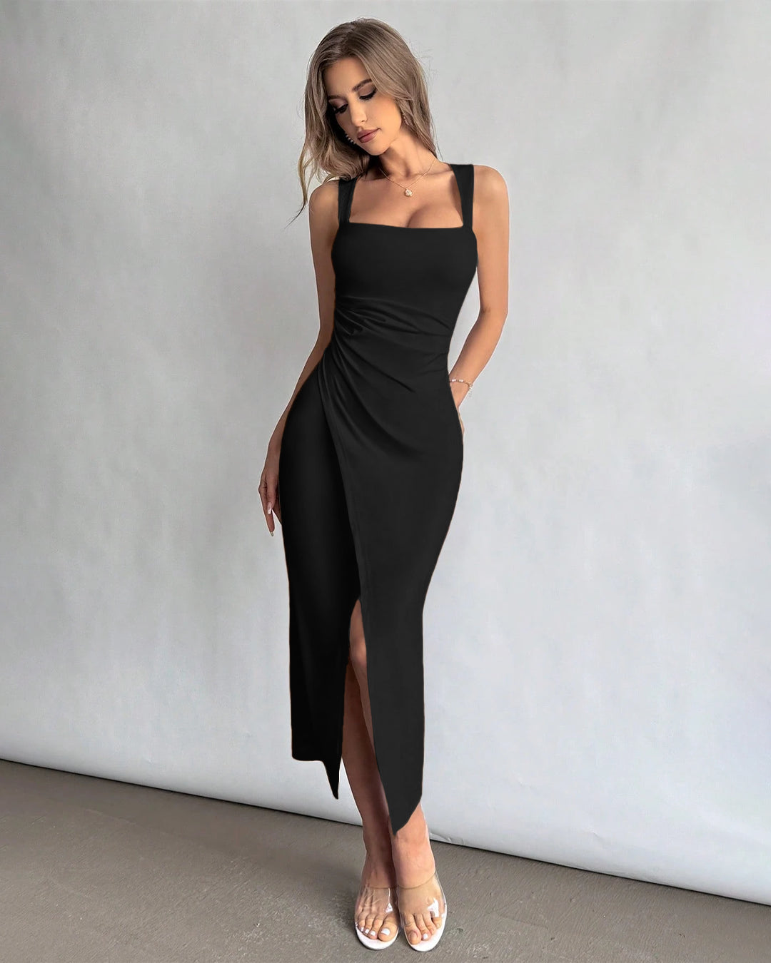 Square Neck Ruched Waist Split Hem Dress in Black
