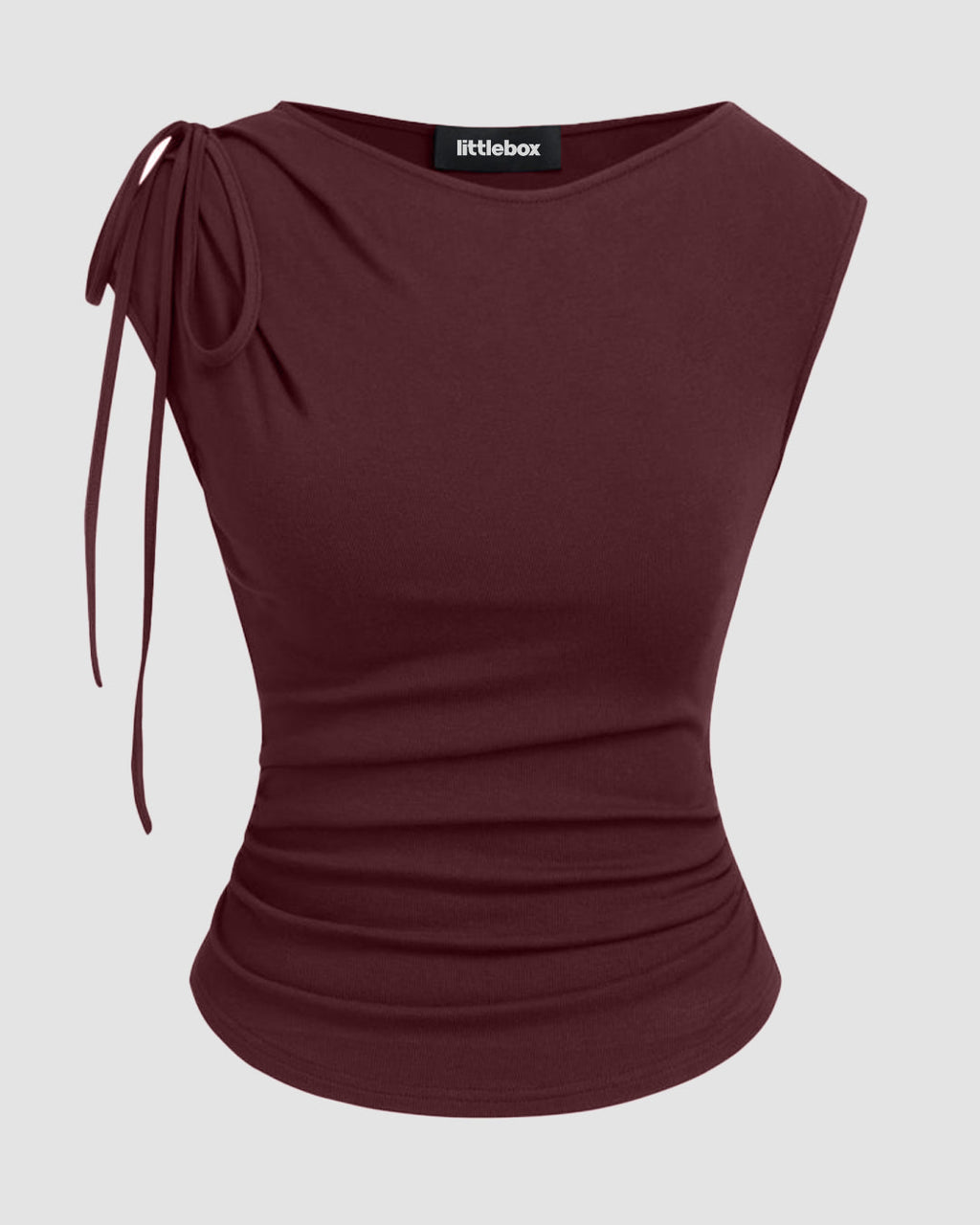 Asymmetrical Neck Bowknot Cinched Waist Top in Maroon