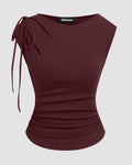 Asymmetrical Neck Bowknot Cinched Waist Top in Maroon
