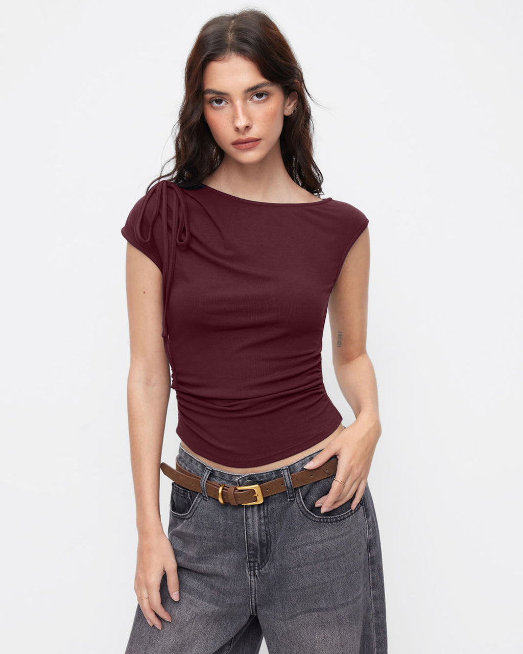 Asymmetrical Neck Bowknot Cinched Waist Top in Maroon
