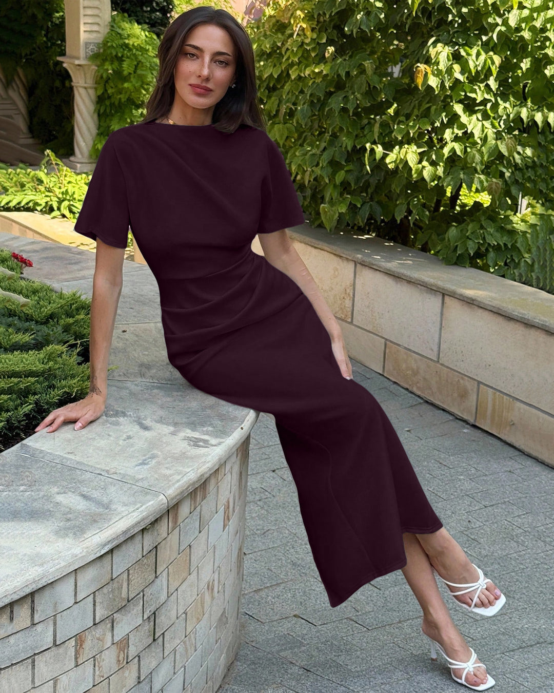 High Neck Slim Fit Solid Short Sleeve Midi Dress in Purple