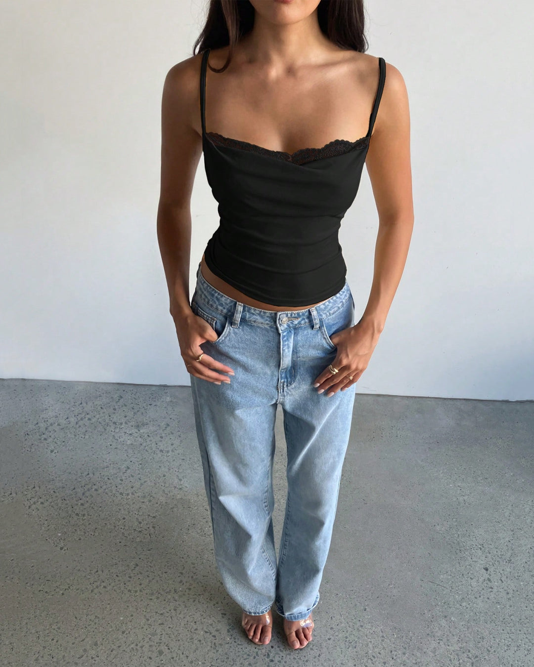 Plunge Neck Lace Trim Bow Knot Strap Top in Black