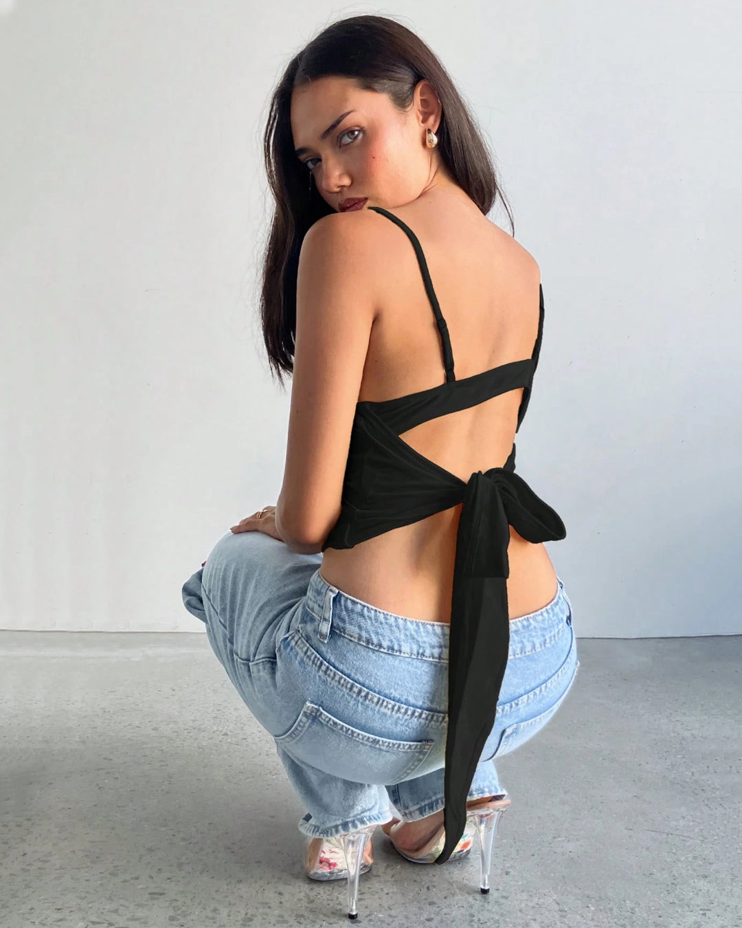 Plunge Neck Lace Trim Bow Knot Strap Top in Black