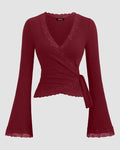 V-Neck Bell Sleeve Lace Trim Side Knot Top in Maroon