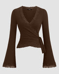V-Neck Bell Sleeve Lace Trim Side Knot Top in Brown