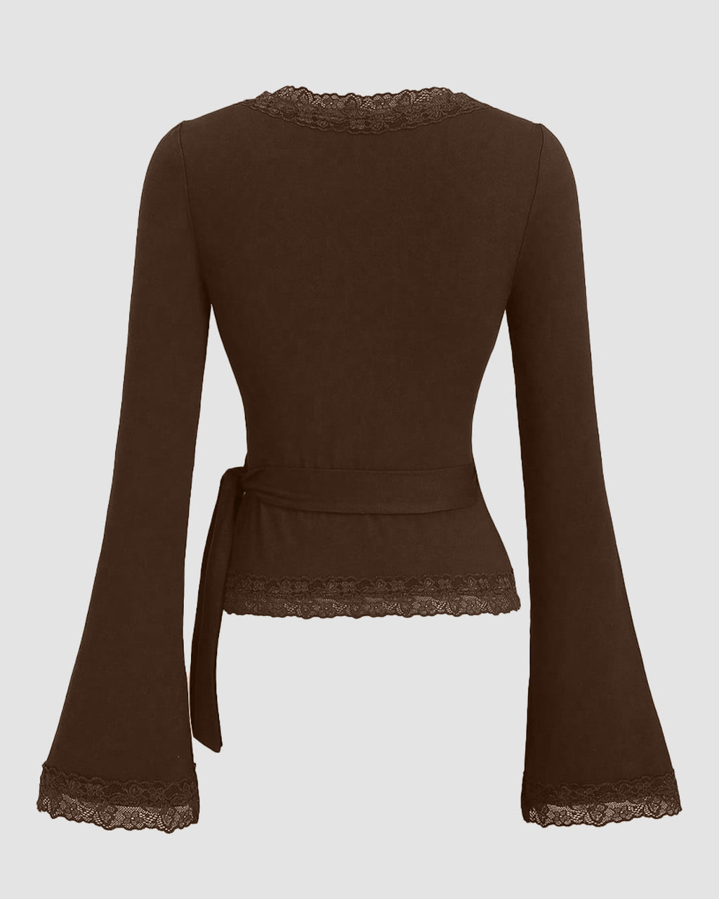 V-Neck Bell Sleeve Lace Trim Side Knot Top in Brown