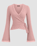 V-Neck Bell Sleeve Lace Trim Side Knot Top in Rose