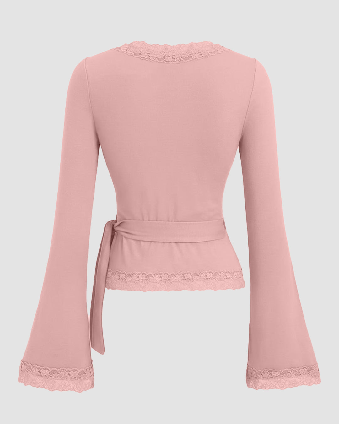 V-Neck Bell Sleeve Lace Trim Side Knot Top in Rose
