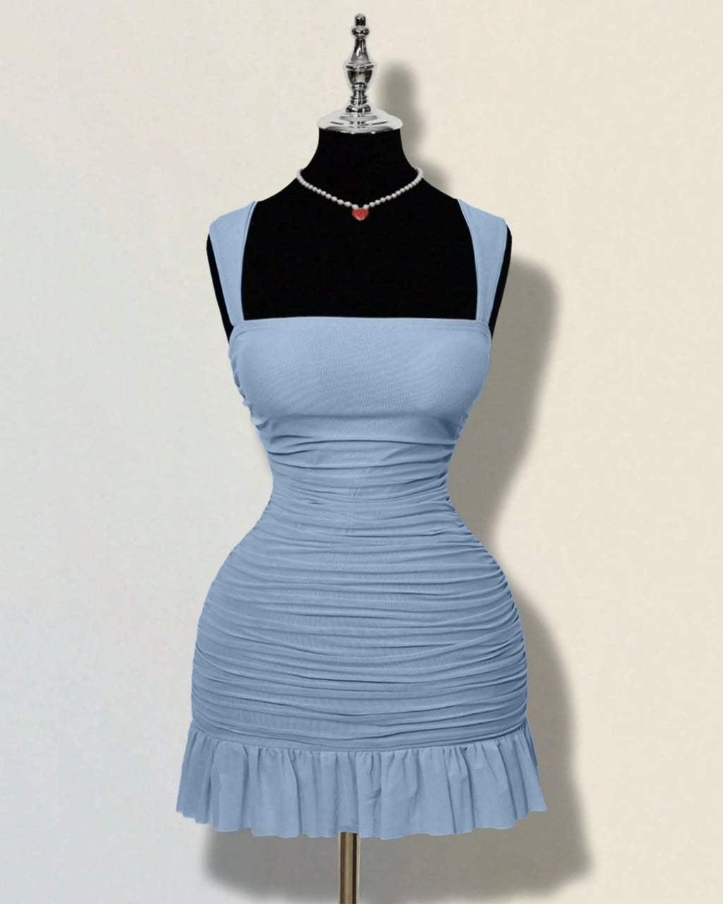 Ruffle Hem Square Neck Mini Fitted Dress in Dusty Blue