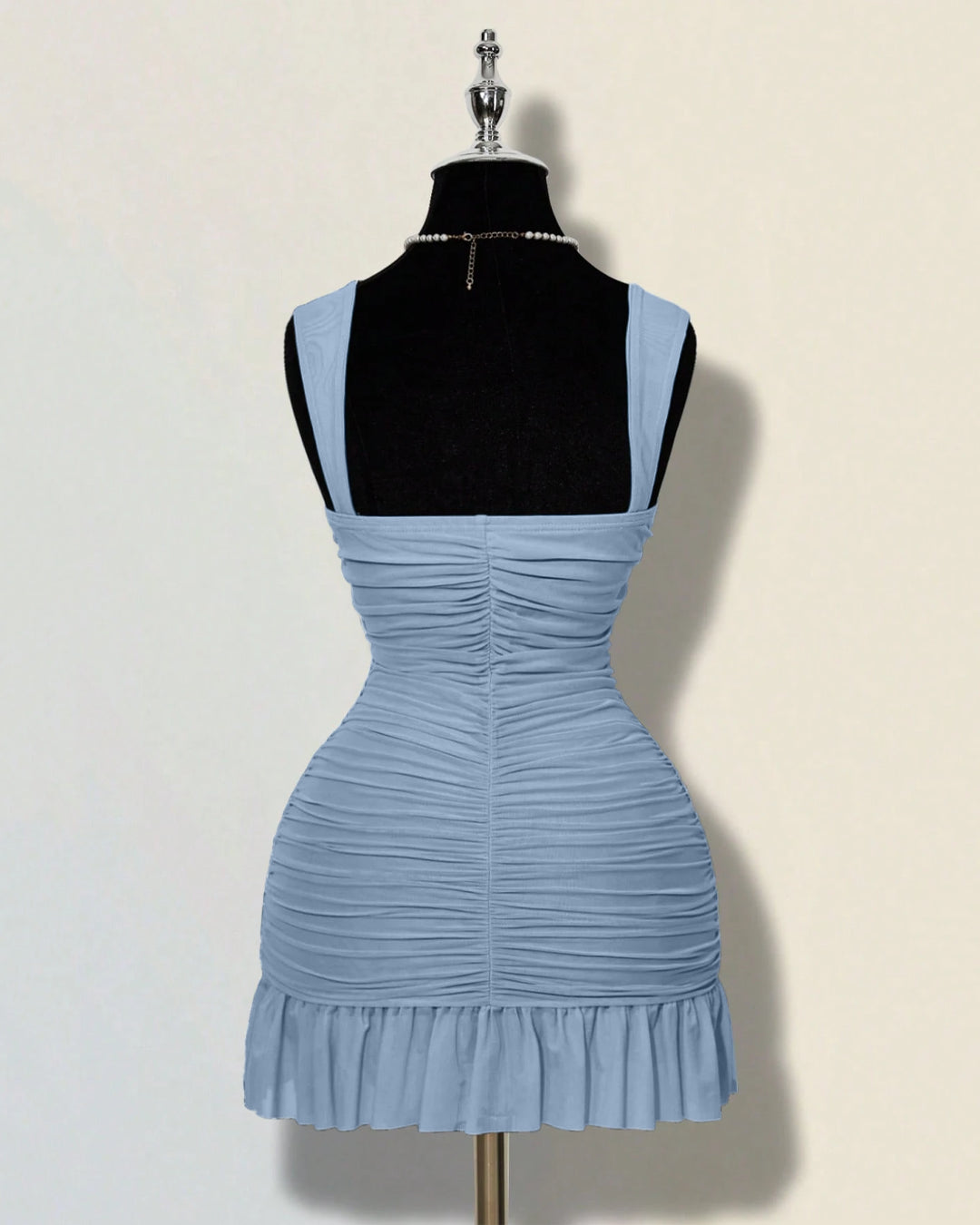 Ruffle Hem Square Neck Mini Fitted Dress in Dusty Blue