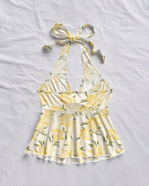 Casual V-Neck Bowknot Wrap Backless Floral Top