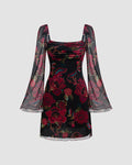 Square Neck Floral Lettuce Trim Ruched Mini Dress