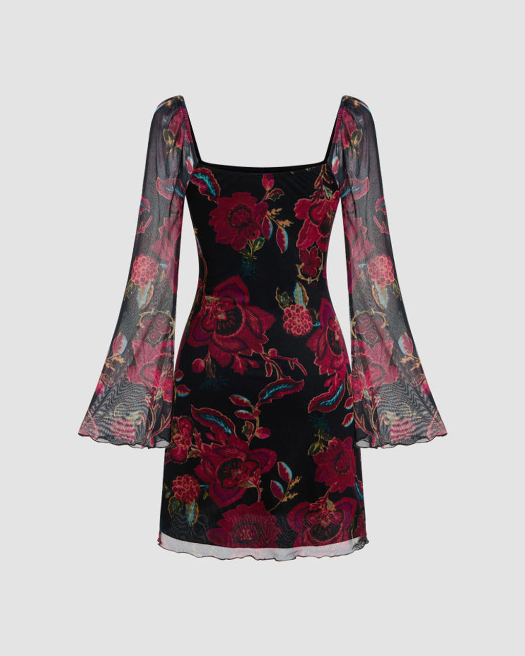 Square Neck Floral Lettuce Trim Ruched Mini Dress