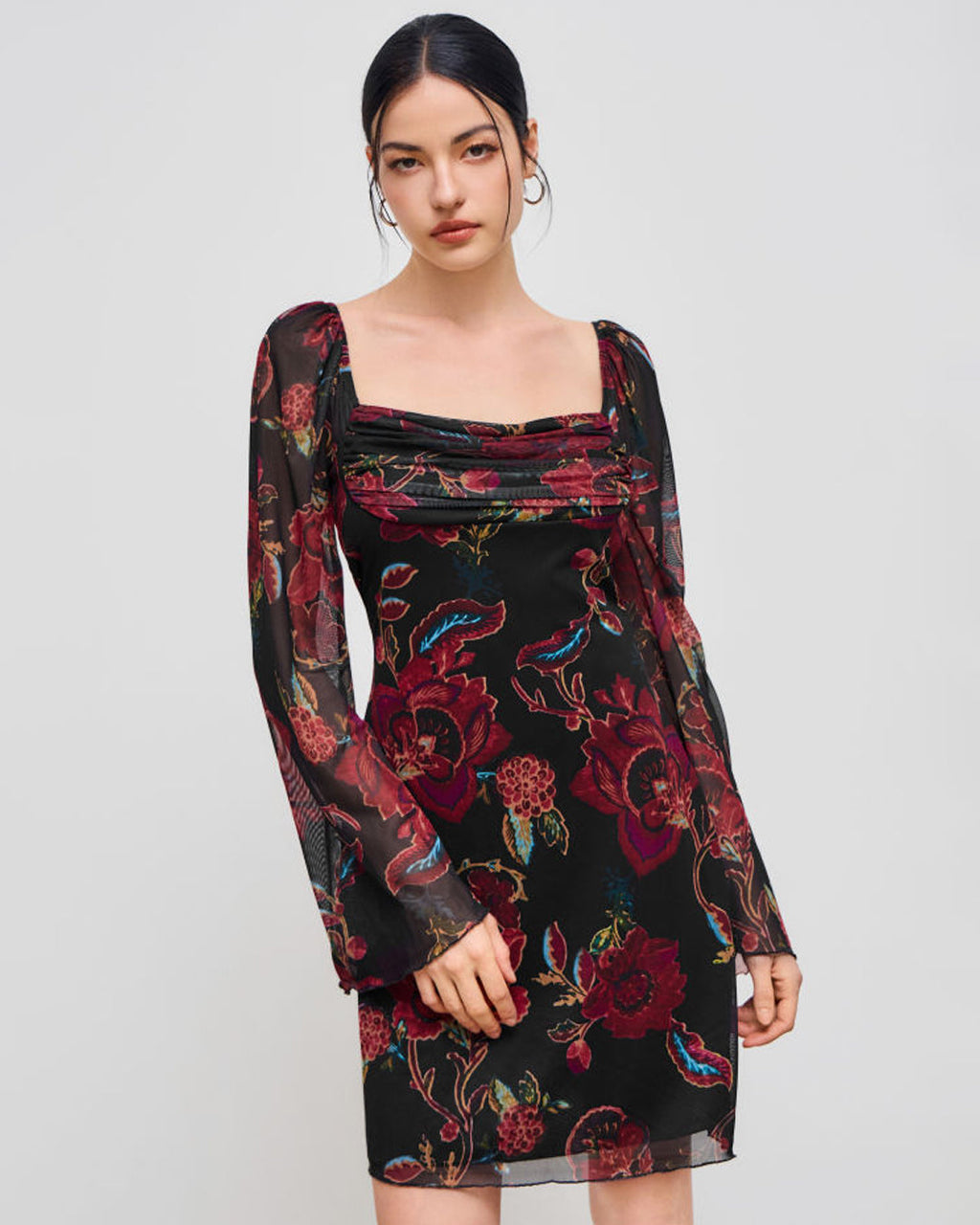 Square Neck Floral Lettuce Trim Ruched Mini Dress